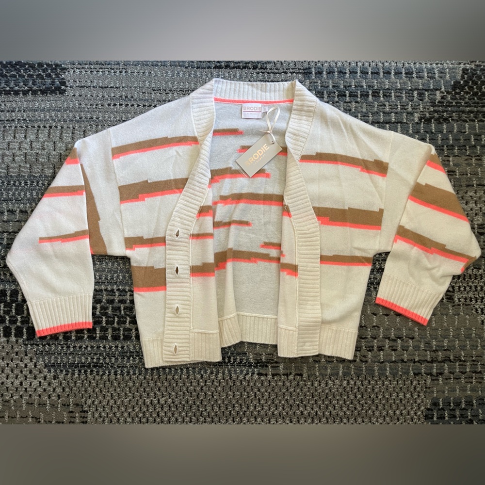 NWT Brodie Cashmere Glitch Zebra Cardigan, Organic White, Camel, Coral, Size Med - Picture 8 of 11